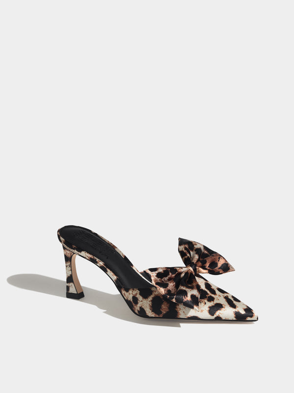 The Vixen Bow Mule in Leopard Satin